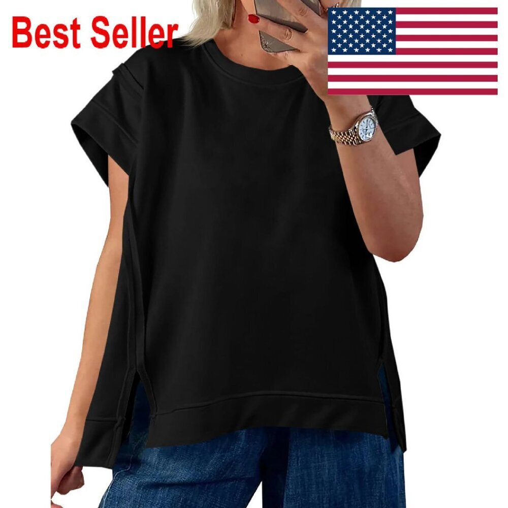 Oversized Cap Sleeve T-Shirt Side Slit Loose Fit Summer Casual Tunic Top